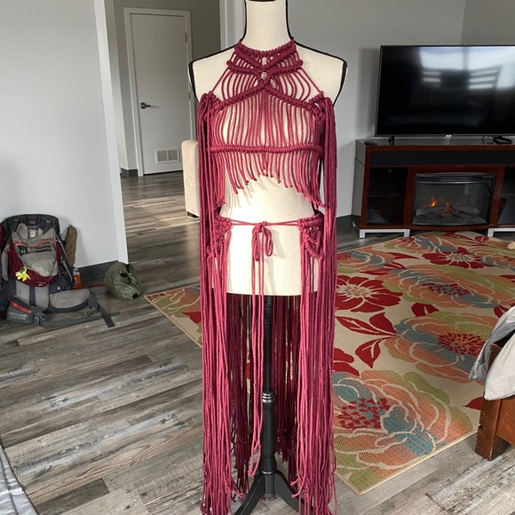 Handmade Wine Red Macramé Dress Unique Small - Picture 2 of 16